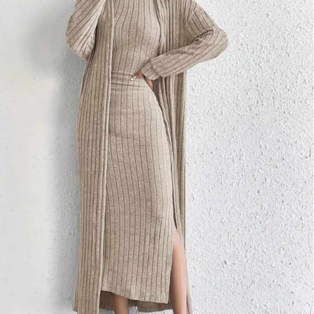 Open Front Long Sleeve Cardigan & Crew Neck Split Tank Dress Medium NWOT